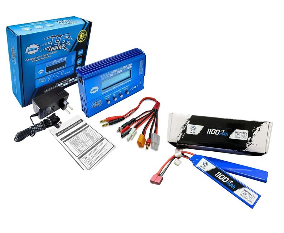 Bateria Lipo Ultra 7.4V/2S (2pack) 1100mAH 20C/40C Dean Airsoft - Leão Modelismo + Carregador/Balanceador de Bateria L6 LIPO NIMH LIFE PB Li-ion