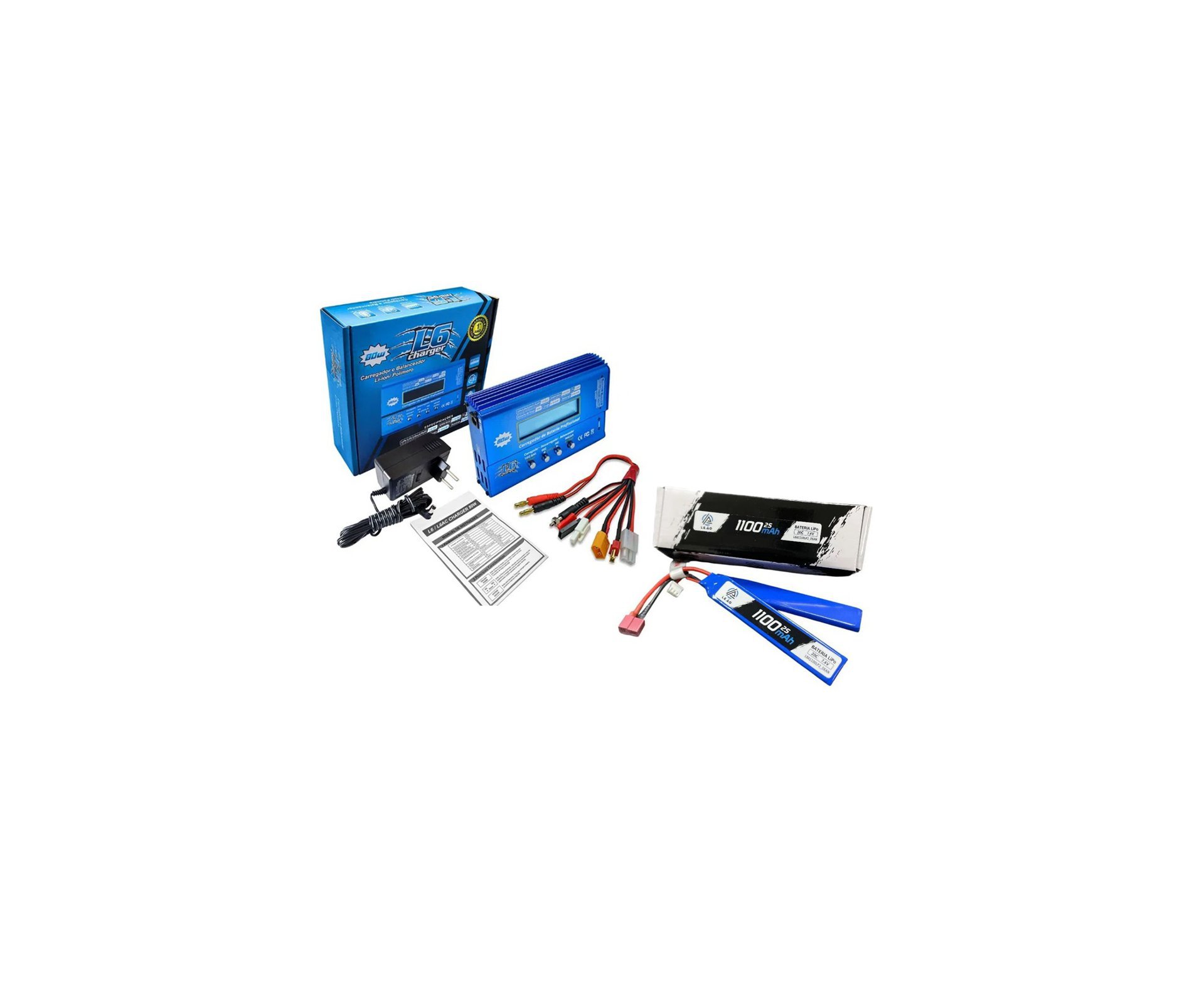 Bateria Lipo Ultra 7.4V/2S (2pack) 1100mAH 20C/40C Dean Airsoft - Leão Modelismo + Carregador/Balanceador de Bateria L6 LIPO NIMH LIFE PB Li-ion