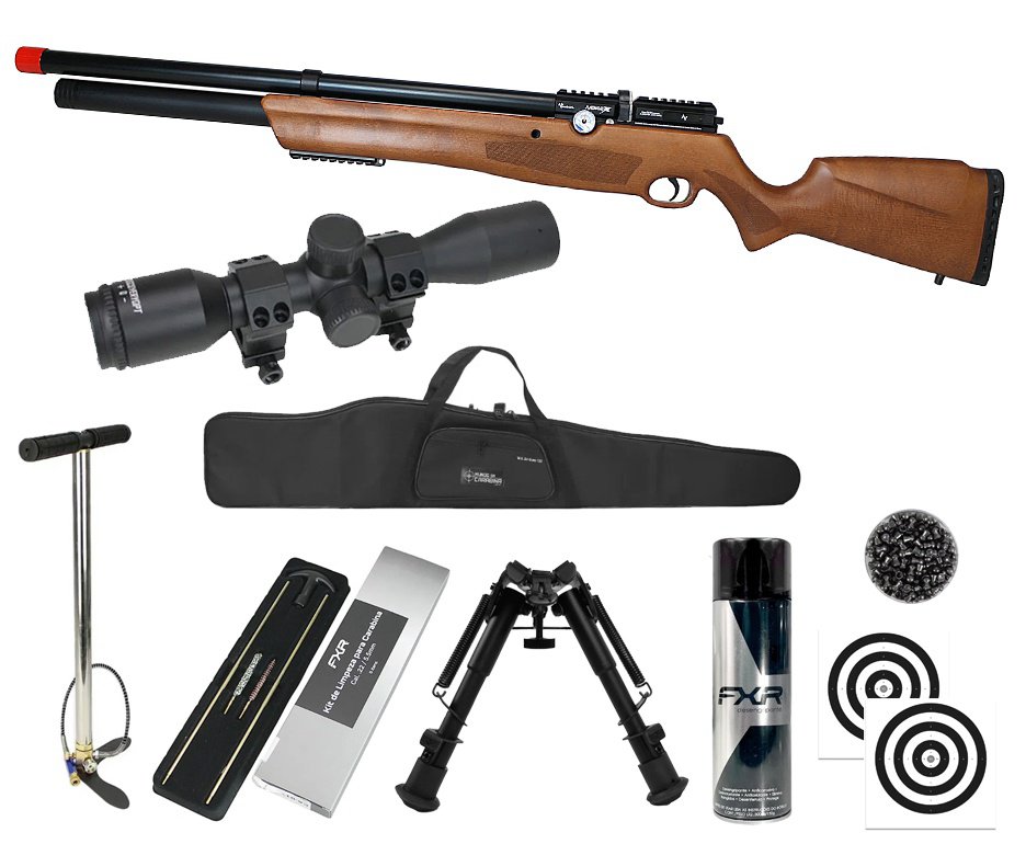Carabina de Pressão PCP Nova Vista Avenge-X X1 AW 5,5mm Wood Montecarlo + Bomba + Capa + Chumbo + Alvos + Luneta 4x32 + Bipé + Kit de Limpeza + Desengripante / Anticorrosivo