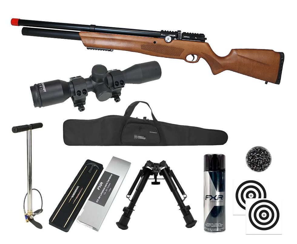 Carabina de Pressão PCP Nova Vista Avenge-X X1 AW 5,5mm Wood Montecarlo + Bomba + Capa + Chumbo + Alvos + Luneta 4x32 + Bipé + Kit de Limpeza + Desengripante / Anticorrosivo