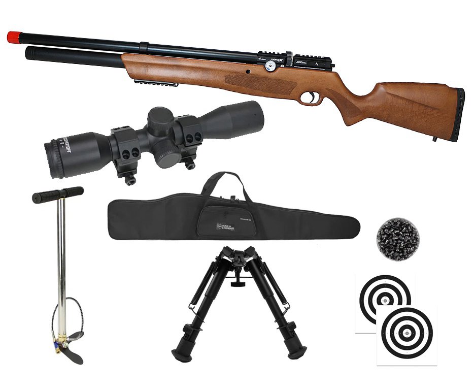 Carabina de Pressão PCP Nova Vista Avenge-X X1 AW 5,5mm Wood Montecarlo + Bomba + Capa + Chumbo + Alvos + Luneta 4x32 + Bipé
