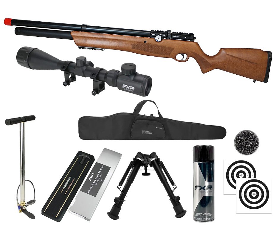 Carabina de Pressão PCP Nova Vista Avenge-X X1 AW 5,5mm Wood Montecarlo + Bomba + Capa + Chumbo + Alvos + Luneta 4-16x50 + Bipé + Kit de Limpeza + Desengripante / Anticorrosivo