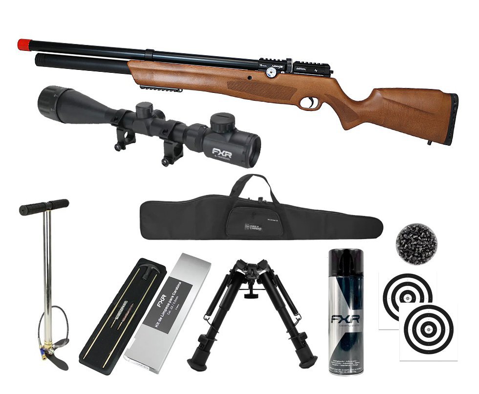 Carabina de Pressão PCP Nova Vista Avenge-X X1 AW 5,5mm Wood Montecarlo + Bomba + Capa + Chumbo + Alvos + Luneta 4-16x50 + Bipé + Kit de Limpeza + Desengripante / Anticorrosivo