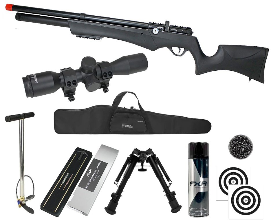 Carabina PCP Avenge-X X1 AS 5,5mm Montecarlo - Nova Vista + Bomba + Capa + Chumbo + Alvos + Luneta 4x32 + Bipé + Kit de Limpeza + Desengripante / Anticorrosivo