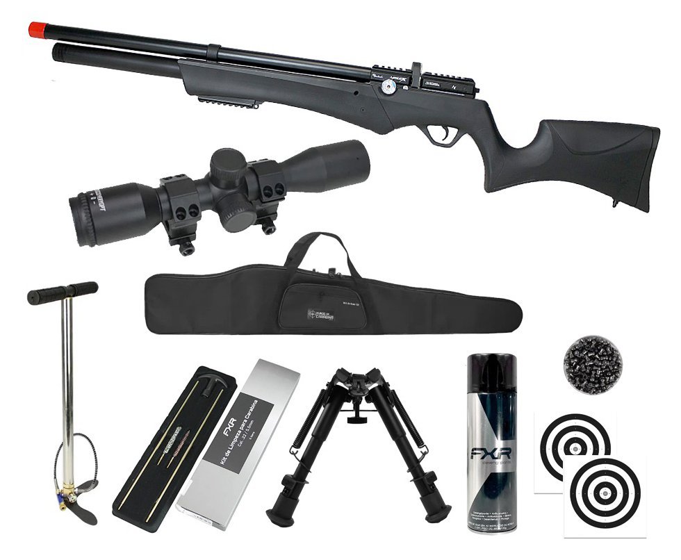 Carabina PCP Avenge-X X1 AS 5,5mm Montecarlo - Nova Vista + Bomba + Capa + Chumbo + Alvos + Luneta 4x32 + Bipé + Kit de Limpeza + Desengripante / Anticorrosivo