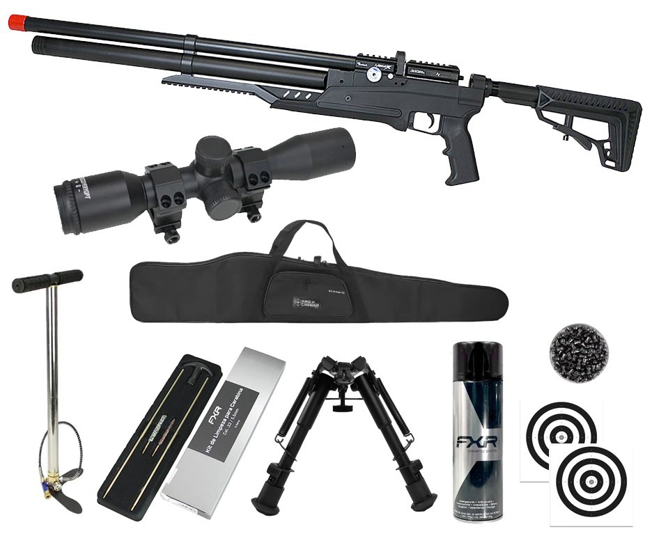 Carabina PCP Nova Vista Avenge-X X1 AT 5,5mm táctica Preta + Bomba + Capa + Chumbo + Alvos + Luneta 4x32 + Bipé + Kit de Limpeza + Desengripante / Anticorrosivo