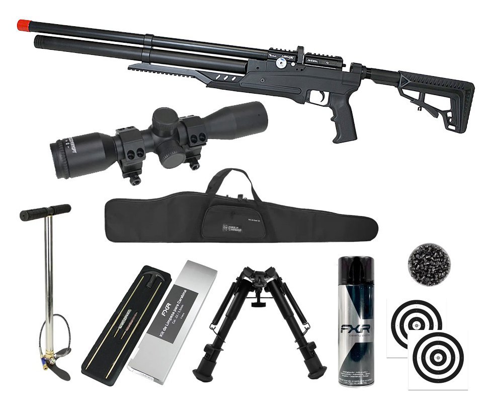 Carabina PCP Nova Vista Avenge-X X1 AT 5,5mm táctica Preta + Bomba + Capa + Chumbo + Alvos + Luneta 4x32 + Bipé + Kit de Limpeza + Desengripante / Anticorrosivo