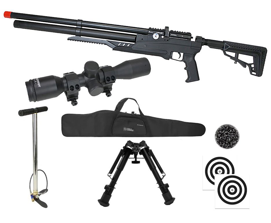Carabina PCP Nova Vista Avenge-X X1 AT 5,5mm táctica Preta + Bomba + Capa + Chumbo + Alvos + Luneta 4x32 + Bipé