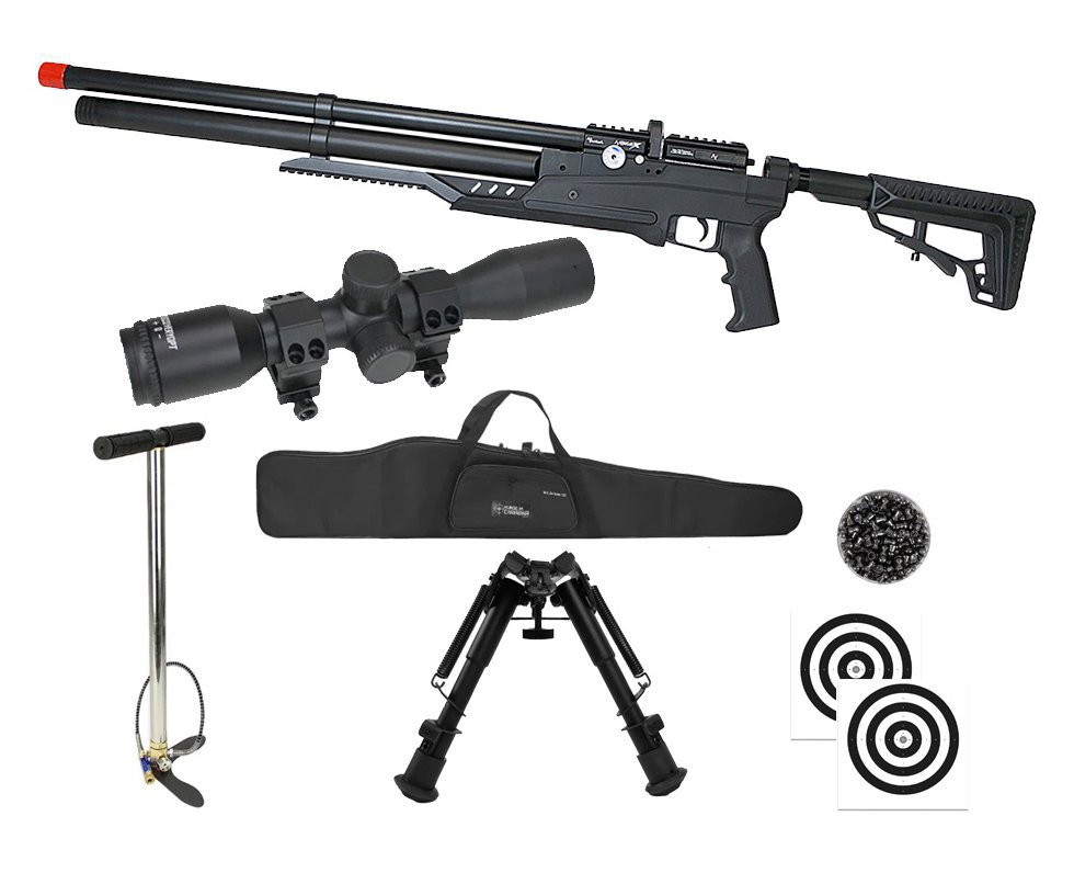 Carabina PCP Nova Vista Avenge-X X1 AT 5,5mm táctica Preta + Bomba + Capa + Chumbo + Alvos + Luneta 4x32 + Bipé