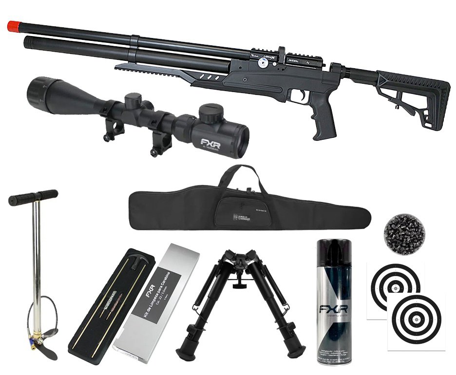 Carabina PCP Nova Vista Avenge-X X1 AT 5,5mm táctica Preta + Bomba + Capa + Chumbo + Alvos + Luneta 4-16x50 + Bipé + Kit de Limpeza + Desengripante / Anticorrosivo