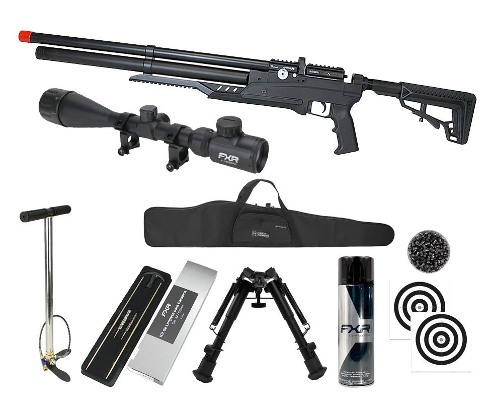 Carabina PCP Nova Vista Avenge-X X1 AT 5,5mm táctica Preta + Bomba + Capa + Chumbo + Alvos + Luneta 4-16x50 + Bipé + Kit de Limpeza + Desengripante / Anticorrosivo