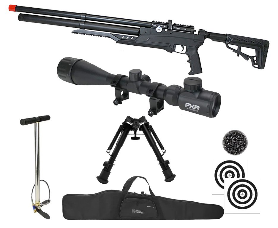 Carabina PCP Nova Vista Avenge-X X1 AT 5,5mm táctica Preta + Bomba + Capa + Chumbo + Alvos + Luneta 4-16x50 + Bipé