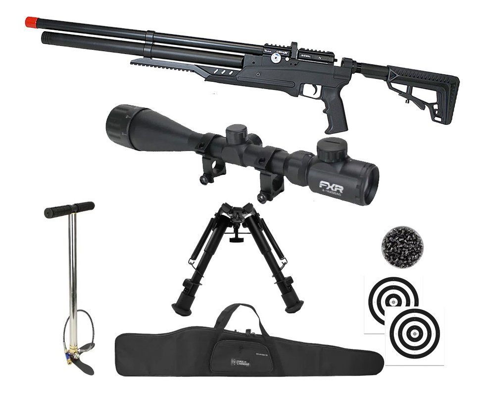 Carabina PCP Nova Vista Avenge-X X1 AT 5,5mm táctica Preta + Bomba + Capa + Chumbo + Alvos + Luneta 4-16x50 + Bipé
