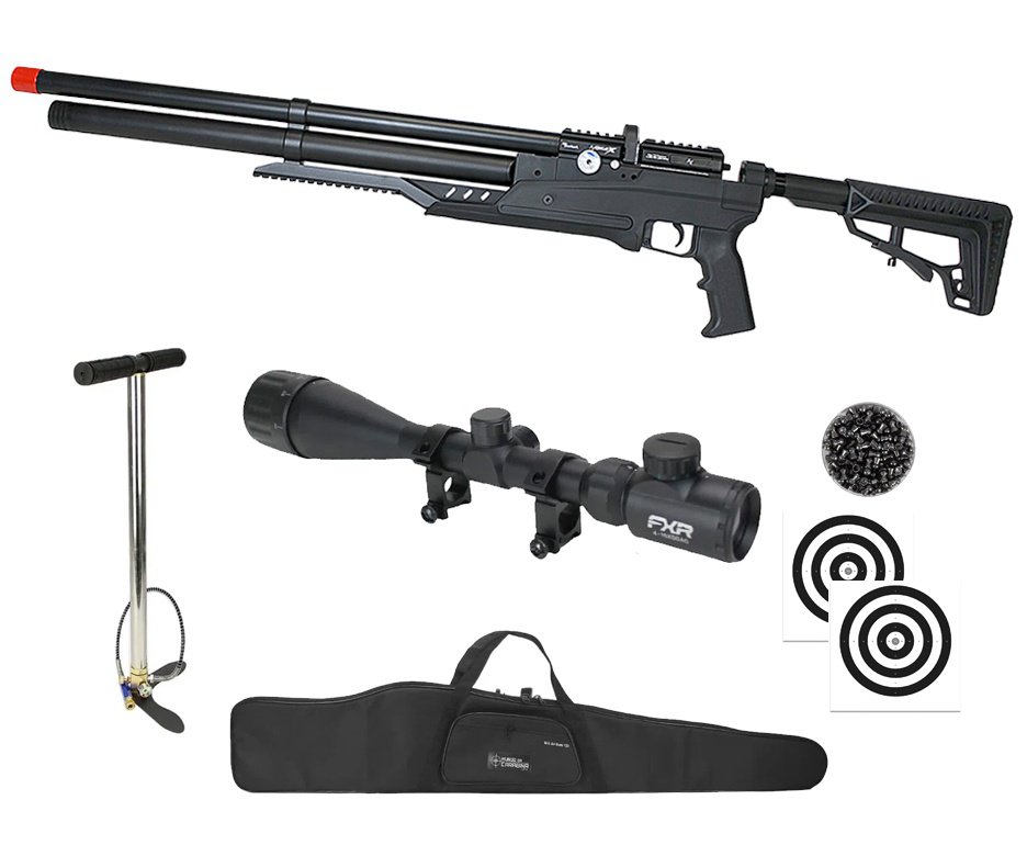 Carabina PCP Nova Vista Avenge-X X1 AT 5,5mm táctica Preta + Bomba + Capa + Chumbo + Alvos + Luneta 4x32