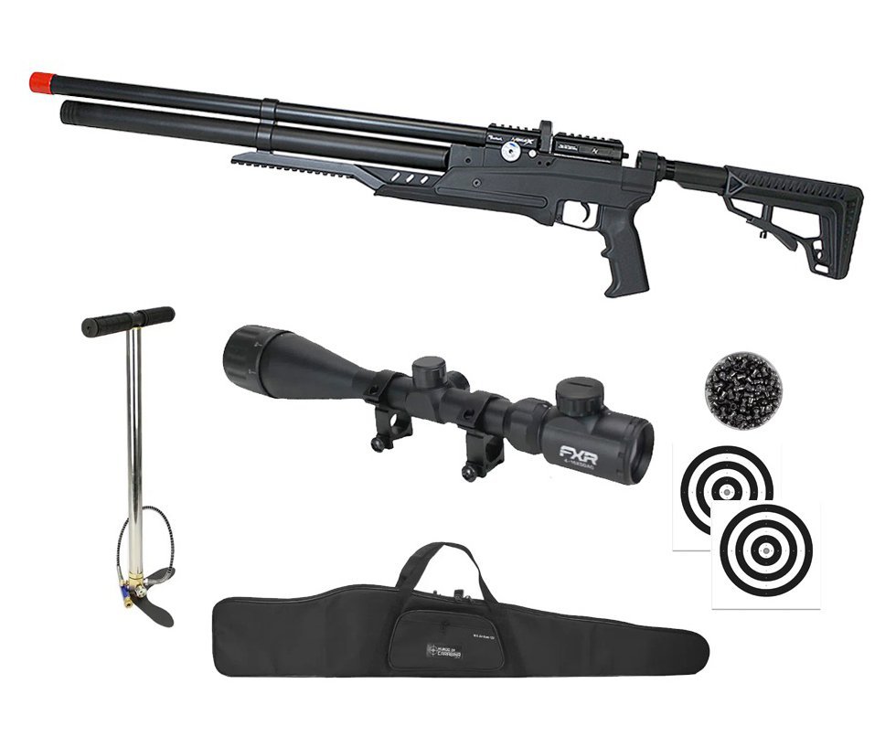 Carabina PCP Nova Vista Avenge-X X1 AT 5,5mm táctica Preta + Bomba + Capa + Chumbo + Alvos + Luneta 4x32