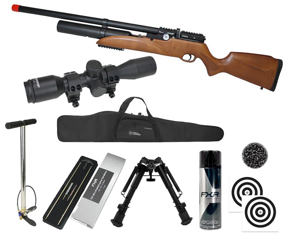 Carabina de Pressão PCP Nova Vista Avenge-X X1 BW 5,5mm Wood + Bomba + Capa + Chumbo + Alvos + Luneta 4x32 + Bipé + Kit de Limpeza + Desengripante / Anticorrosivo