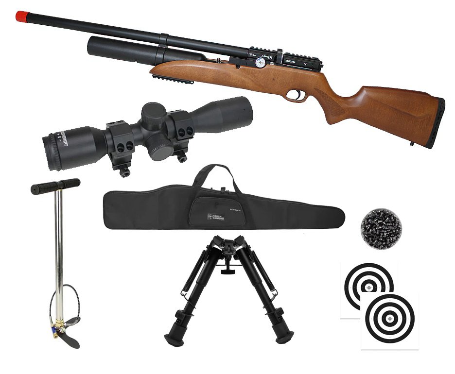 Carabina de Pressão PCP Nova Vista Avenge-X X1 BW 5,5mm Wood + Bomba + Capa + Chumbo + Alvos + Luneta 4x32 + Bipé
