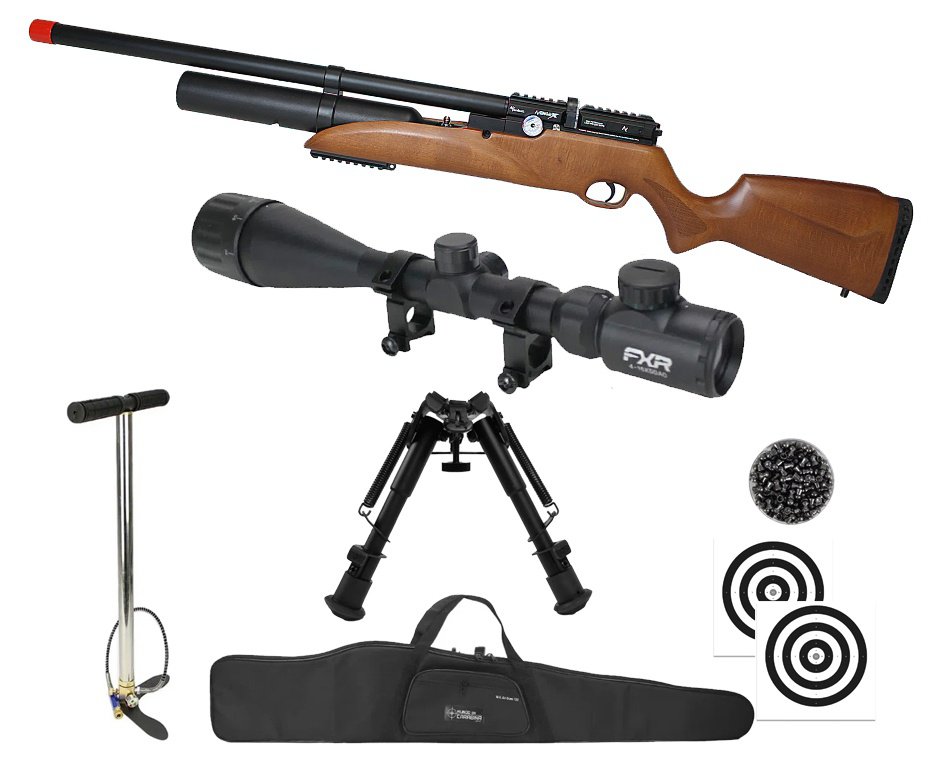 Carabina de Pressão PCP Nova Vista Avenge-X X1 BW 5,5mm Wood + Bomba + Capa + Chumbo + Alvos + Luneta 4-16x50 + Bipé