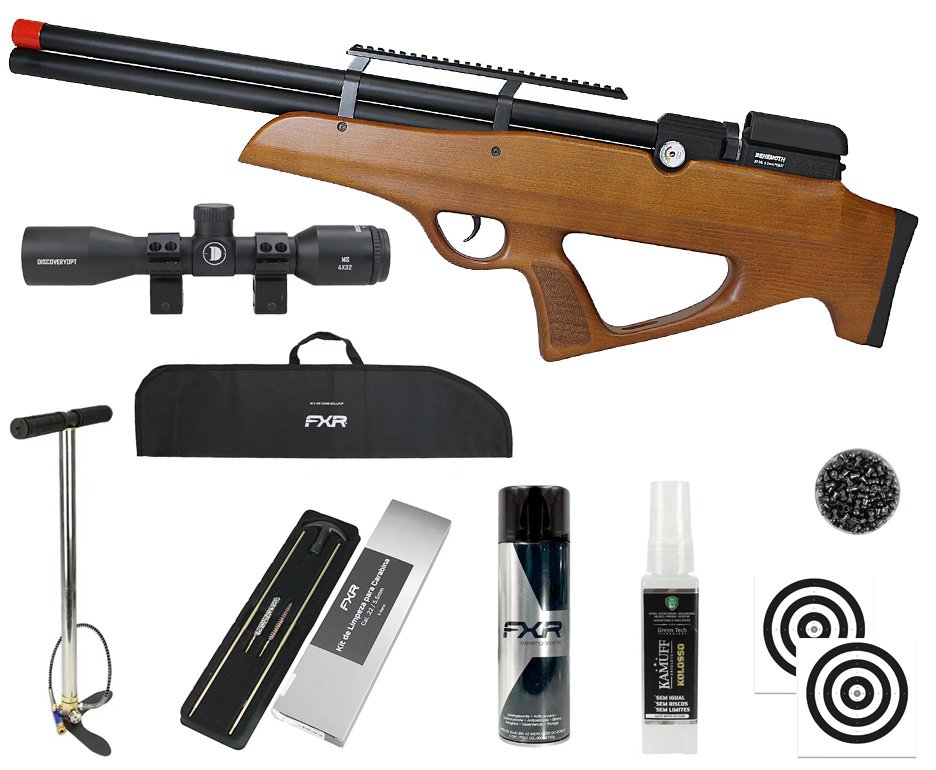 Carabina PCP Nova Vista Behemoth PS-R2-S Bullpup 5,5mm Wood + Bomba + Capa + Chumbo + Alvos + Luneta 4x32 + Kamuff + Kit de Limpeza + Desengripante / Anticorrosivo
