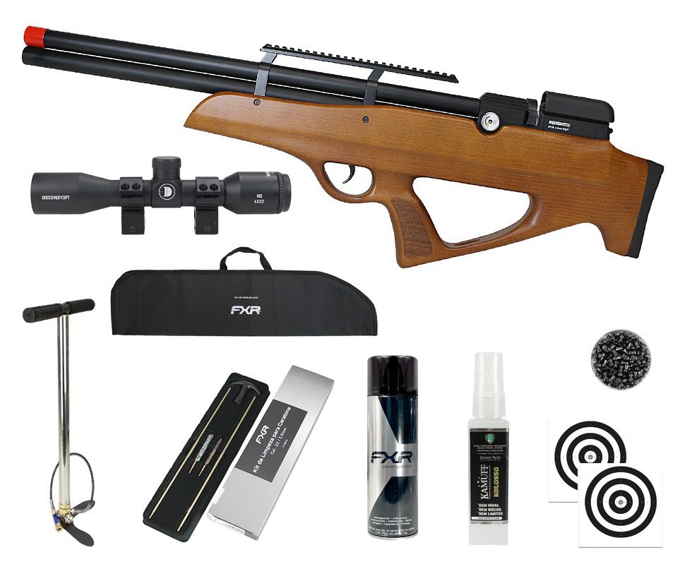 Carabina PCP Nova Vista Behemoth PS-R2-S Bullpup 5,5mm Wood + Bomba + Capa + Chumbo + Alvos + Luneta 4x32 + Kamuff + Kit de Limpeza + Desengripante / Anticorrosivo