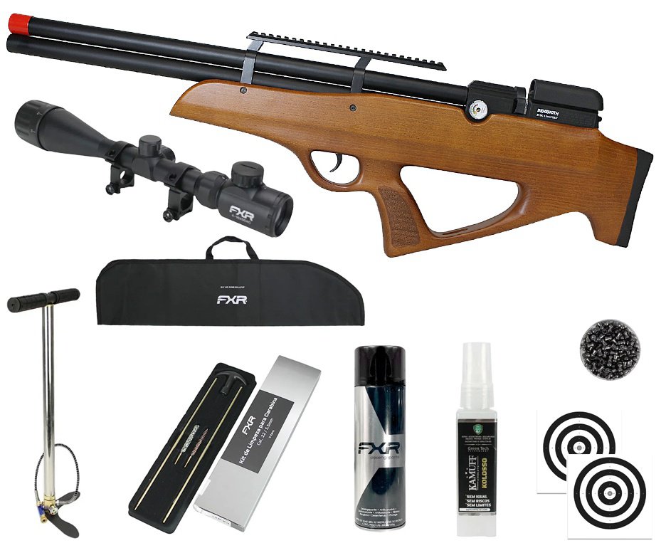 Carabina PCP Nova Vista Behemoth PS-R2-S Bullpup 5,5mm Wood + Bomba + Capa + Chumbo + Alvos + Luneta 4-16x50 + Kamuff + Kit de Limpeza + Desengripante / Anticorrosivo