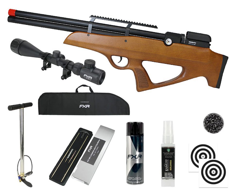 Carabina PCP Nova Vista Behemoth PS-R2-S Bullpup 5,5mm Wood + Bomba + Capa + Chumbo + Alvos + Luneta 4-16x50 + Kamuff + Kit de Limpeza + Desengripante / Anticorrosivo