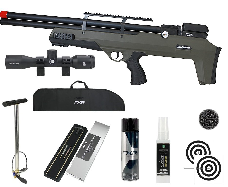 Carabina PCP Nova Vista Behemoth PS-R2-S Bullpup 5,5mm Verde Militar + Bomba + Capa + Chumbo + Alvos + Luneta 4x32 + Kamuff + Kit de Limpeza + Desengripante / Anticorrosivo