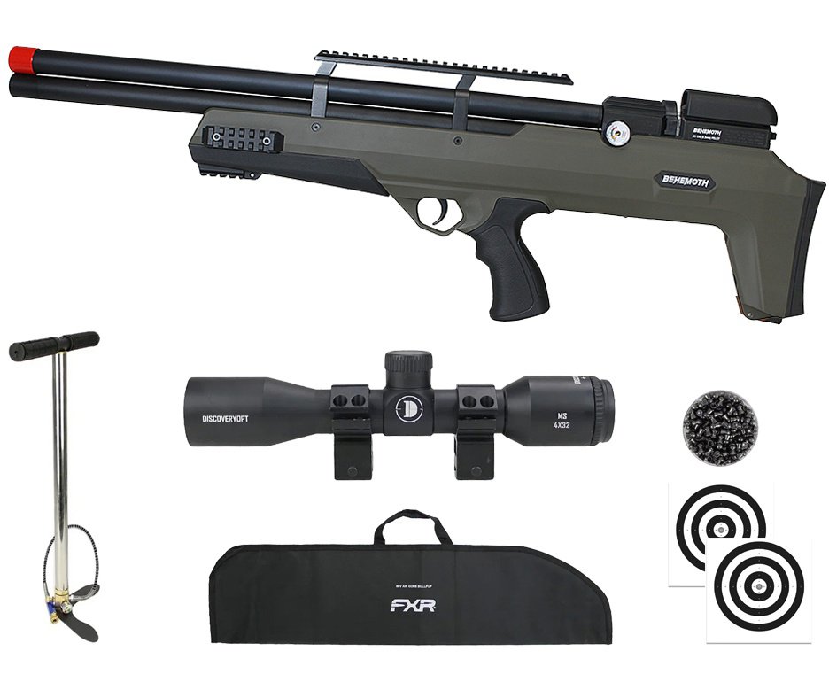 Carabina PCP Nova Vista Behemoth PS-R2-S Bullpup 5,5mm Verde Militar + Bomba + Capa + Chumbo + Alvos + Luneta 4x32