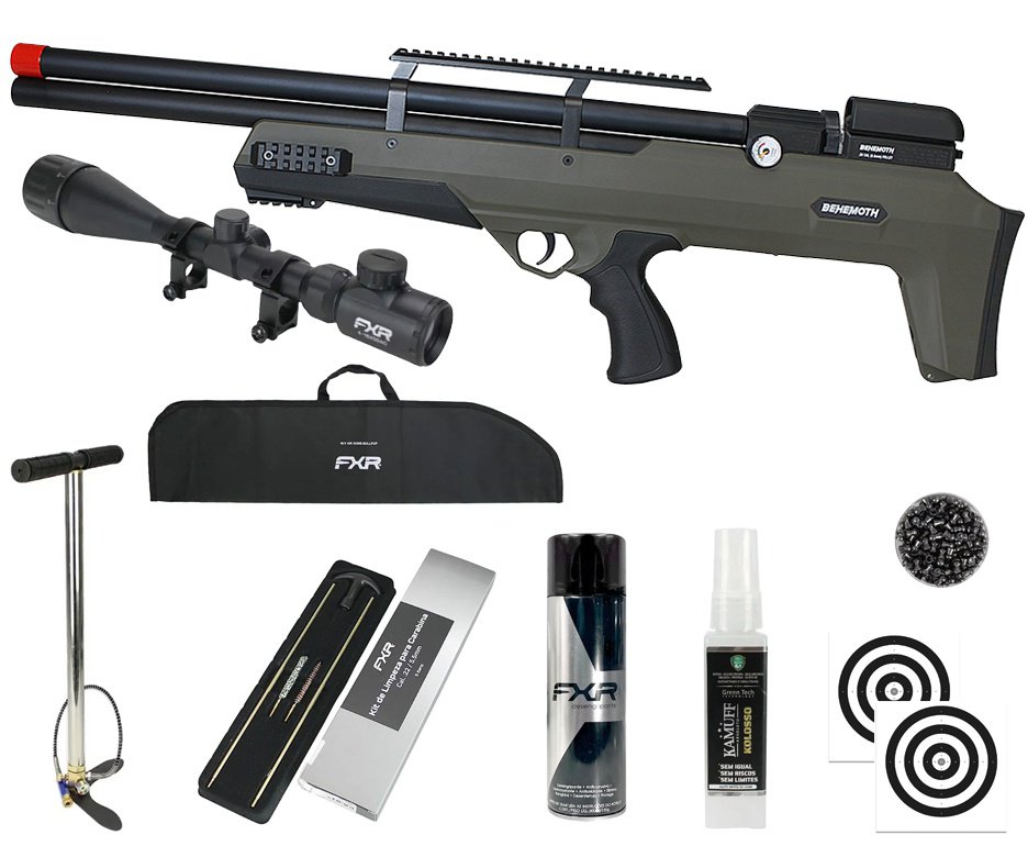Carabina PCP Nova Vista Behemoth PS-R2-S Bullpup 5,5mm Verde Militar + Bomba + Capa + Chumbo + Alvos + Luneta 4-16x50 + Kamuff + Kit de Limpeza + Desengripante / Anticorrosivo