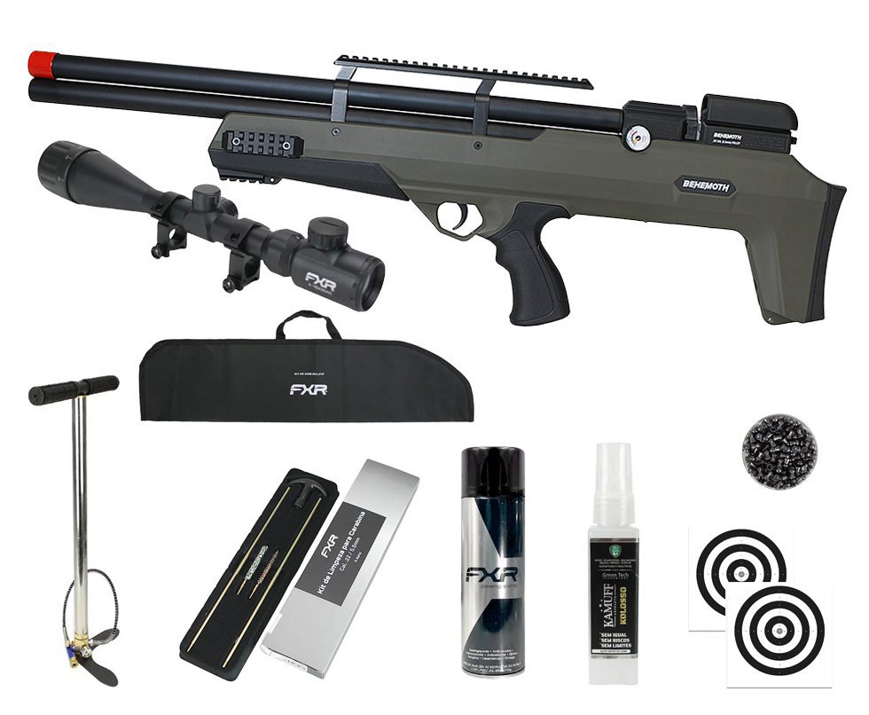 Carabina PCP Nova Vista Behemoth PS-R2-S Bullpup 5,5mm Verde Militar + Bomba + Capa + Chumbo + Alvos + Luneta 4-16x50 + Kamuff + Kit de Limpeza + Desengripante / Anticorrosivo