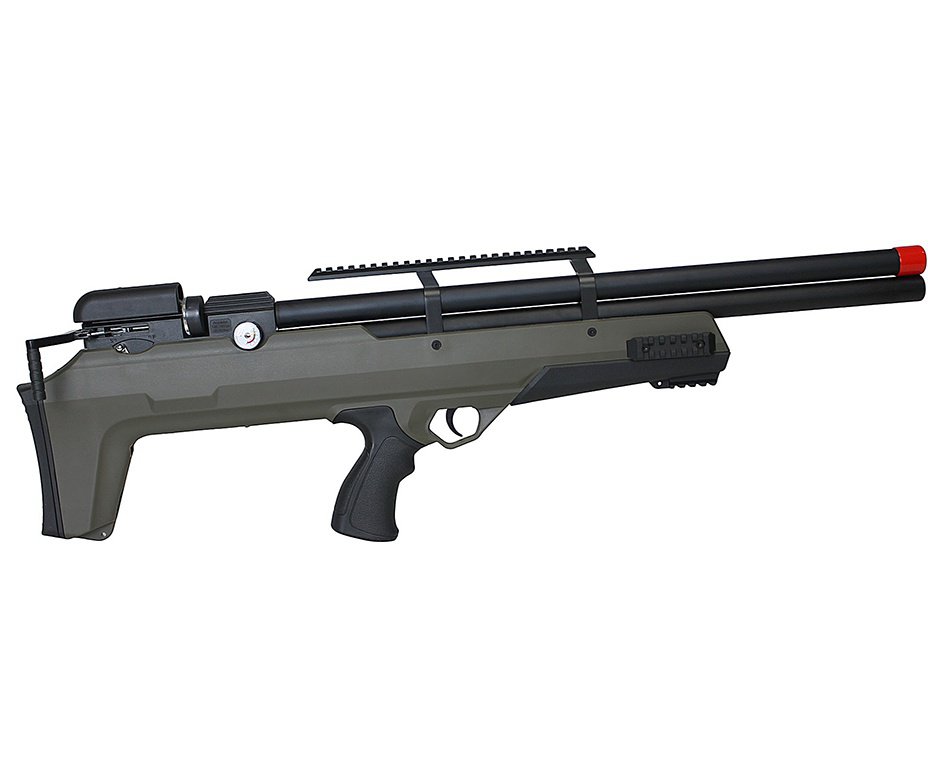 Carabina PCP Nova Vista Behemoth PS-R2-S Bullpup 5,5mm Verde Militar + Bomba + Capa + Chumbo + Alvos + Luneta 4-16x50 + Kamuff + Kit de Limpeza + Desengripante / Anticorrosivo