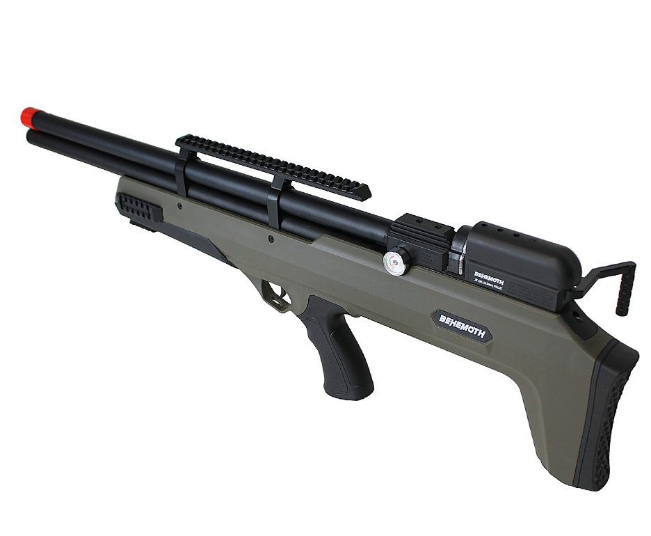 Carabina PCP Nova Vista Behemoth PS-R2-S Bullpup 5,5mm Verde Militar + Bomba + Capa + Chumbo + Alvos + Luneta 4-16x50 + Kamuff + Kit de Limpeza + Desengripante / Anticorrosivo