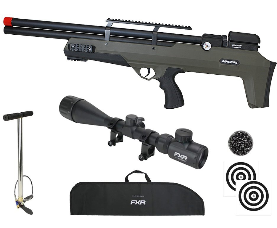 Carabina PCP Nova Vista Behemoth PS-R2-S Bullpup 5,5mm Verde Militar + Bomba + Capa + Chumbo + Alvos + Luneta 4-16x50