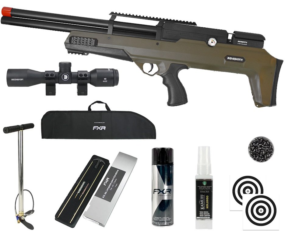 Carabina PCP Nova Vista Behemoth PS-R2-SF Bullpup 6,35mm Verde Militar + Bomba + Capa + Chumbo + Alvos + Luneta 4x32 + Kamuff + Kit de Limpeza + Desengripante / Anticorrosivo