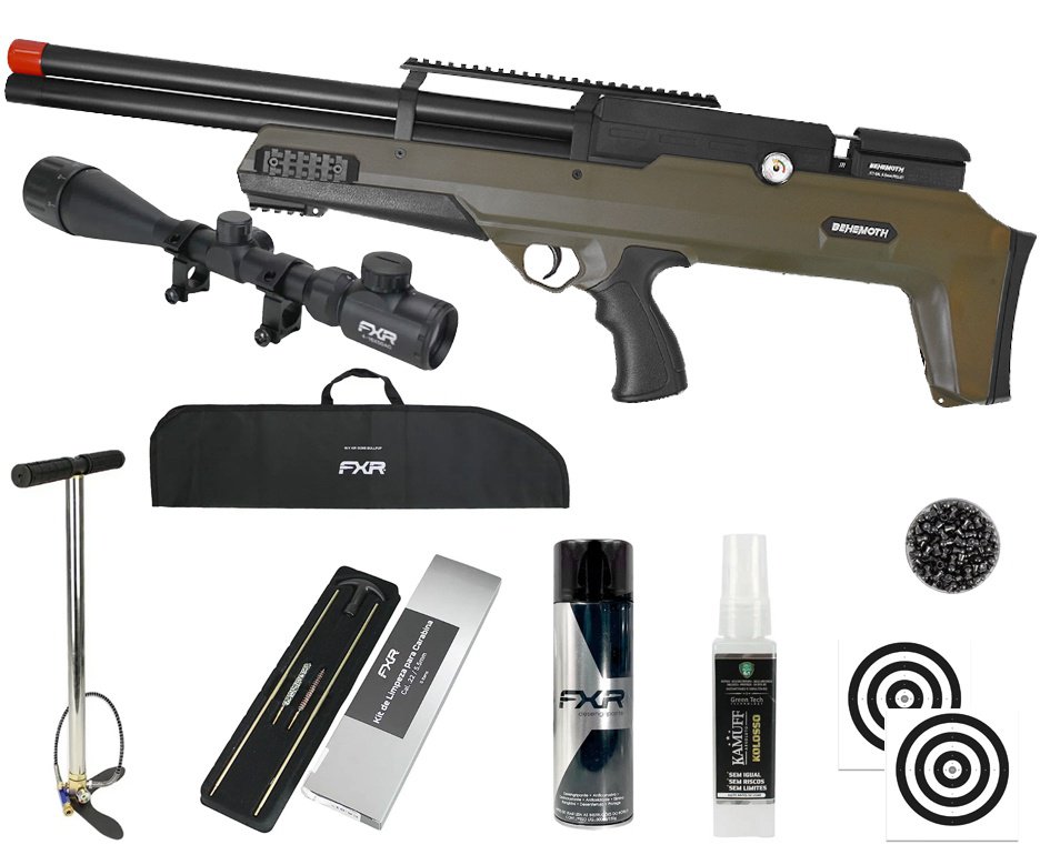 Carabina PCP Nova Vista Behemoth PS-R2-SF Bullpup 6,35mm Verde Militar + Bomba + Capa + Chumbo + Alvos + Luneta 4-16x50 + Kamuff + Kit de Limpeza + Desengripante / Anticorrosivo