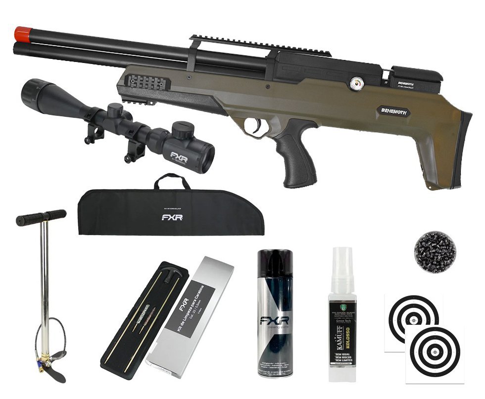 Carabina PCP Nova Vista Behemoth PS-R2-SF Bullpup 6,35mm Verde Militar + Bomba + Capa + Chumbo + Alvos + Luneta 4-16x50 + Kamuff + Kit de Limpeza + Desengripante / Anticorrosivo