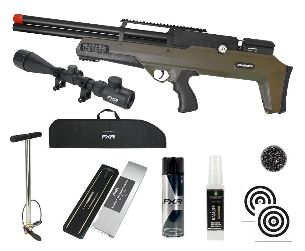 Carabina PCP Nova Vista Behemoth PS-R2-SF Bullpup 6,35mm Verde Militar + Bomba + Capa + Chumbo + Alvos + Luneta 4-16x50