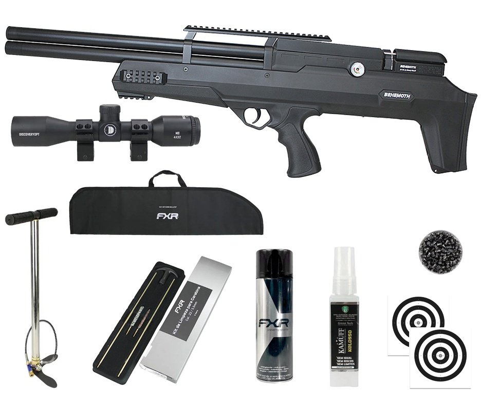 Carabina PCP Behemoth PS-R2-SF Bullpup 6,35mm Preta - Nova Vista + Bomba + Capa + Chumbo + Alvos + Luneta 4x32 + Kamuff + Kit de Limpeza + Desengripante / Anticorrosivo