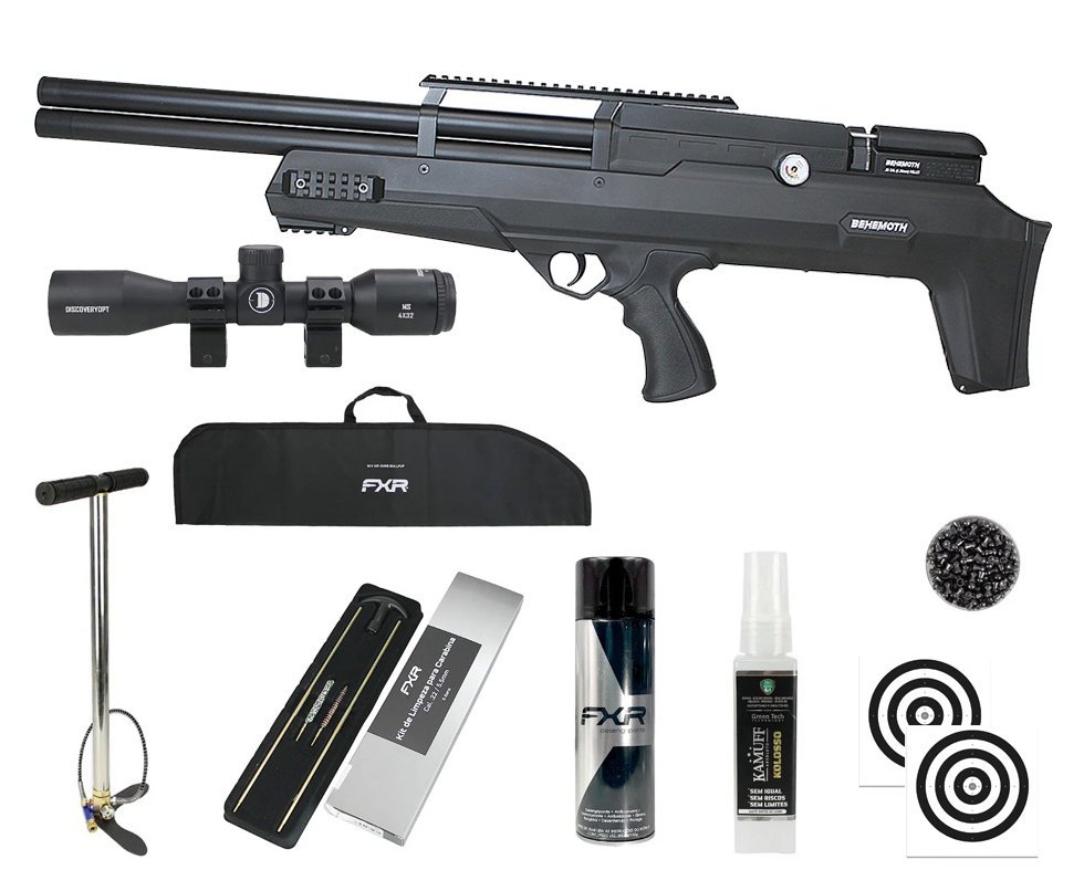 Carabina PCP Behemoth PS-R2-SF Bullpup 6,35mm Preta - Nova Vista + Bomba + Capa + Chumbo + Alvos + Luneta 4x32 + Kamuff + Kit de Limpeza + Desengripante / Anticorrosivo