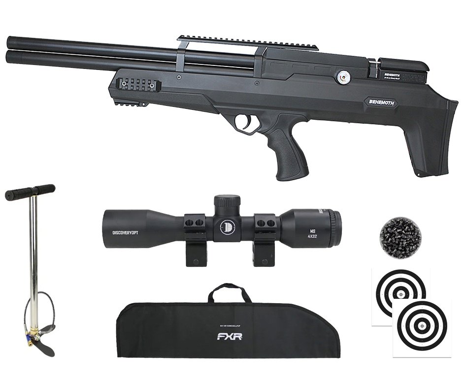 Carabina PCP Behemoth PS-R2-SF Bullpup 6,35mm Preta - Nova Vista + Bomba + Capa + Chumbo + Alvos + Luneta 4x32