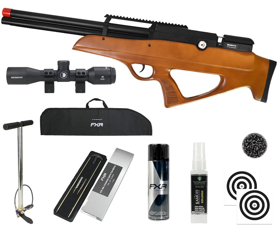 Carabina PCP Nova Vista Behemoth PS-R2-SF Bullpup 6,35mm Wood - Nova Vista + Bomba + Capa + Chumbo + Alvos + Luneta 4x32 + Kamuff + Kit de Limpeza + Desengripante / Anticorrosivo