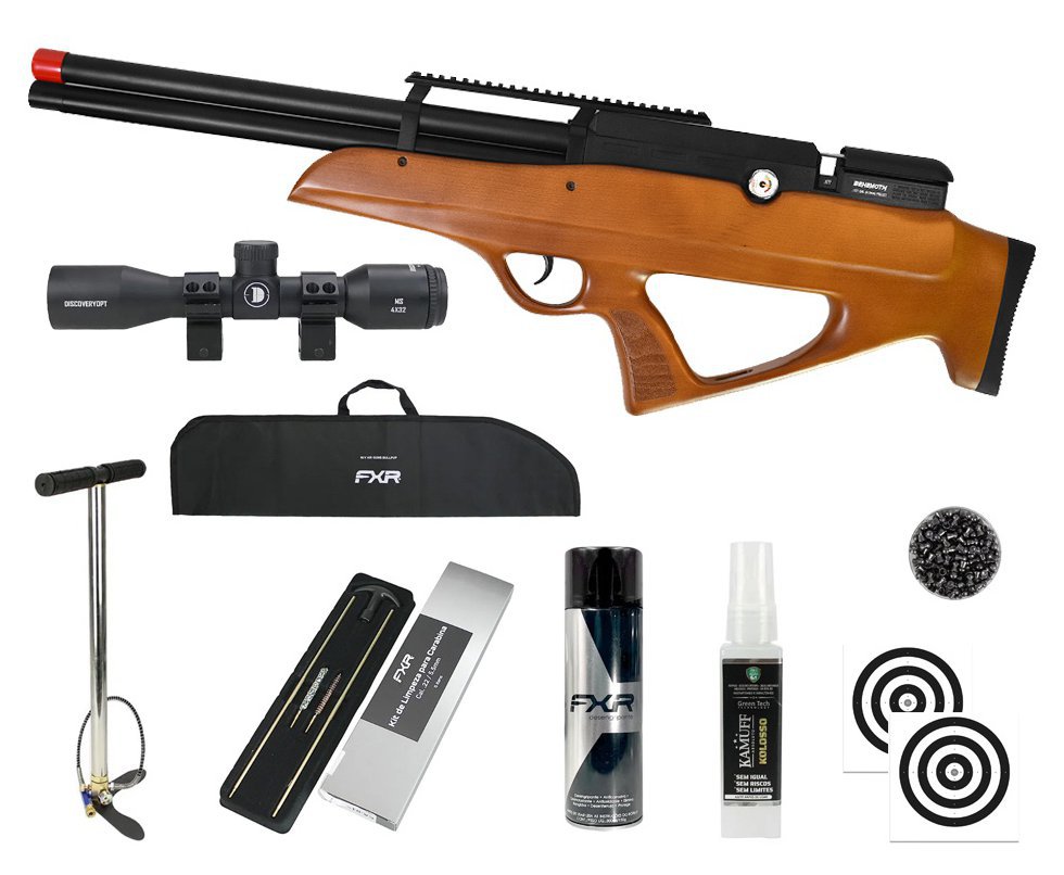 Carabina PCP Nova Vista Behemoth PS-R2-SF Bullpup 6,35mm Wood - Nova Vista + Bomba + Capa + Chumbo + Alvos + Luneta 4x32 + Kamuff + Kit de Limpeza + Desengripante / Anticorrosivo