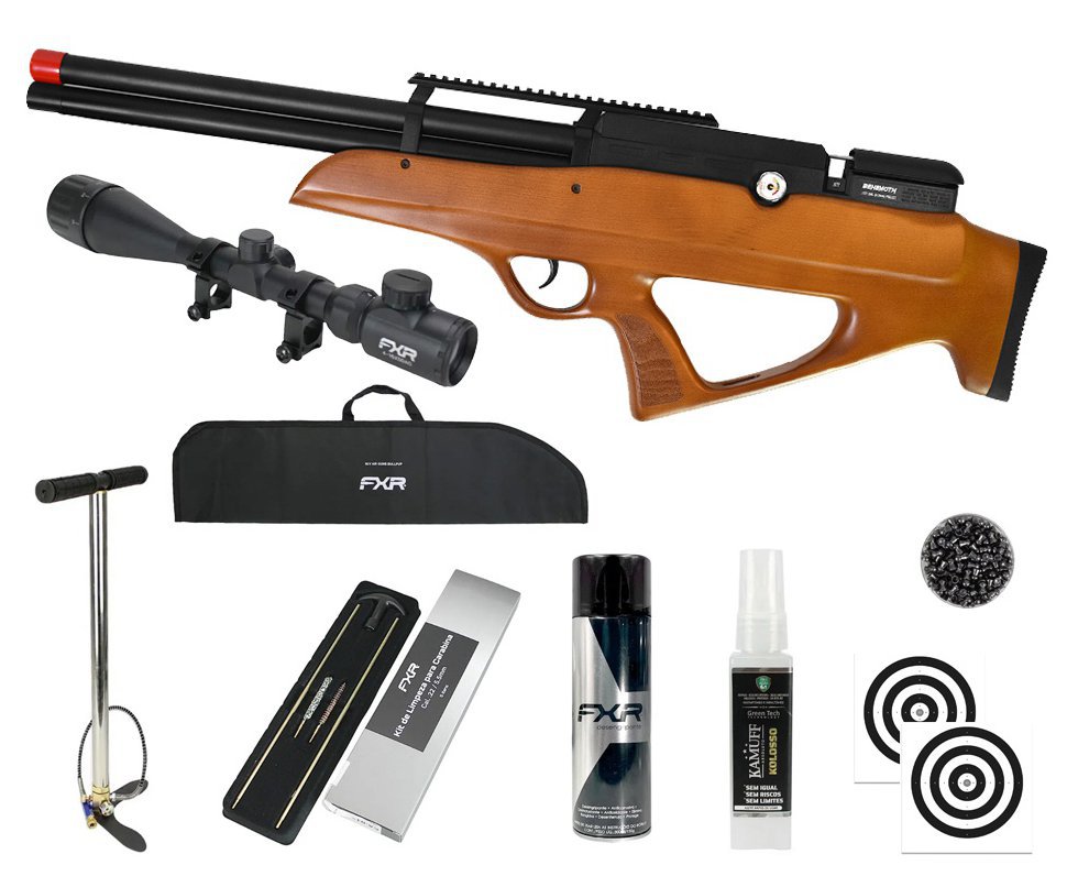 Carabina PCP Nova Vista Behemoth PS-R2-SF Bullpup 6,35mm Wood - Nova Vista + Bomba + Capa + Chumbo + Alvos + Luneta 4-16x50 + Kamuff + Kit de Limpeza + Desengripante / Anticorrosivo