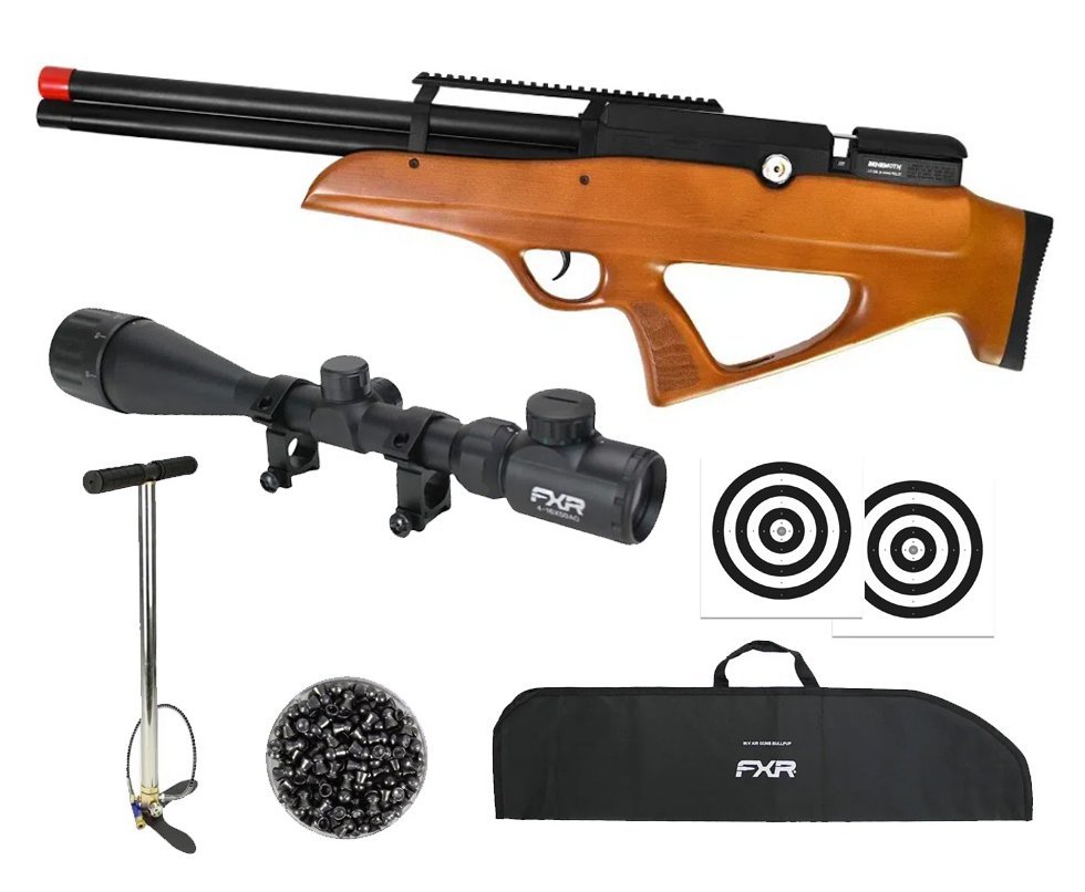 Carabina PCP Nova Vista Behemoth PS-R2-SF Bullpup 6,35mm Wood - Nova Vista + Bomba + Capa + Chumbo + Alvos + Luneta 4-16x50