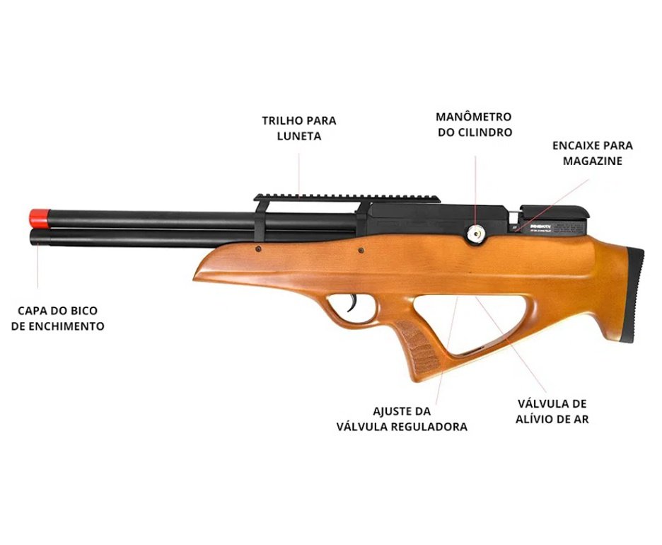 Carabina PCP Nova Vista Behemoth PS-R2-SF Bullpup 6,35mm Wood - Nova Vista + Bomba + Capa + Chumbo + Alvos + Luneta 4-16x50