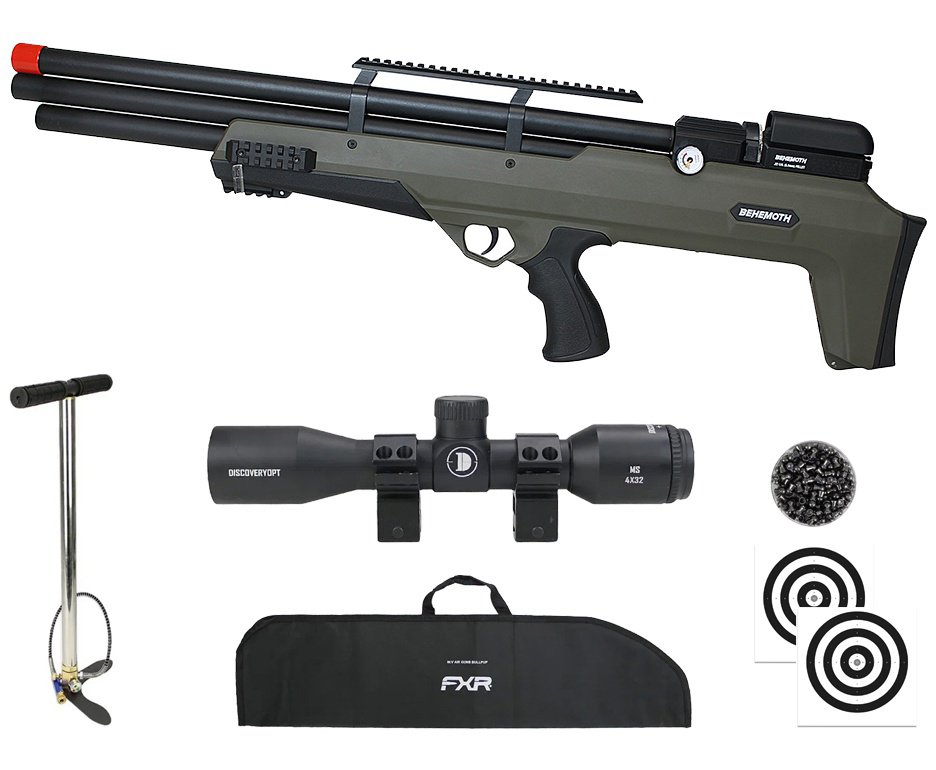 Carabina PCP Behemoth PS-R3-S Bullpup 5,5mm Verde Militar - Nova Vista + Bomba + Capa + Chumbo + Alvos + Luneta 4x32