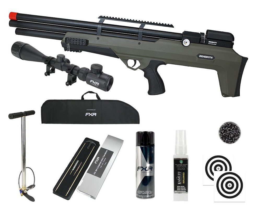Carabina PCP Behemoth PS-R3-S Bullpup 5,5mm Verde Militar - Nova Vista + Bomba + Capa + Chumbo + Alvos + Luneta 4-16x50 + Kamuff + Kit de Limpeza + Desengripante / Anticorrosivo