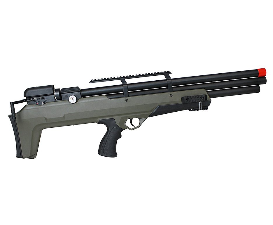 Carabina PCP Behemoth PS-R3-S Bullpup 5,5mm Verde Militar - Nova Vista + Bomba + Capa + Chumbo + Alvos + Luneta 4-16x50 + Kamuff + Kit de Limpeza + Desengripante / Anticorrosivo