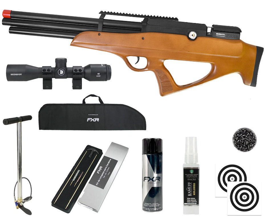 Carabina PCP Behemoth PS-R3-SF Bullpup 6,35mm Wood - Nova Vista + Bomba + Capa + Chumbo + Alvos + Luneta 4x32 + Kamuff + Kit de Limpeza + Desengripante / Anticorrosivo