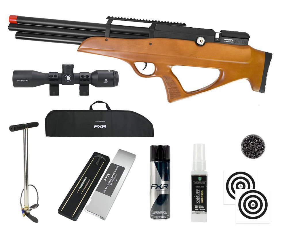 Carabina PCP Behemoth PS-R3-SF Bullpup 6,35mm Wood - Nova Vista + Bomba + Capa + Chumbo + Alvos + Luneta 4x32 + Kamuff + Kit de Limpeza + Desengripante / Anticorrosivo